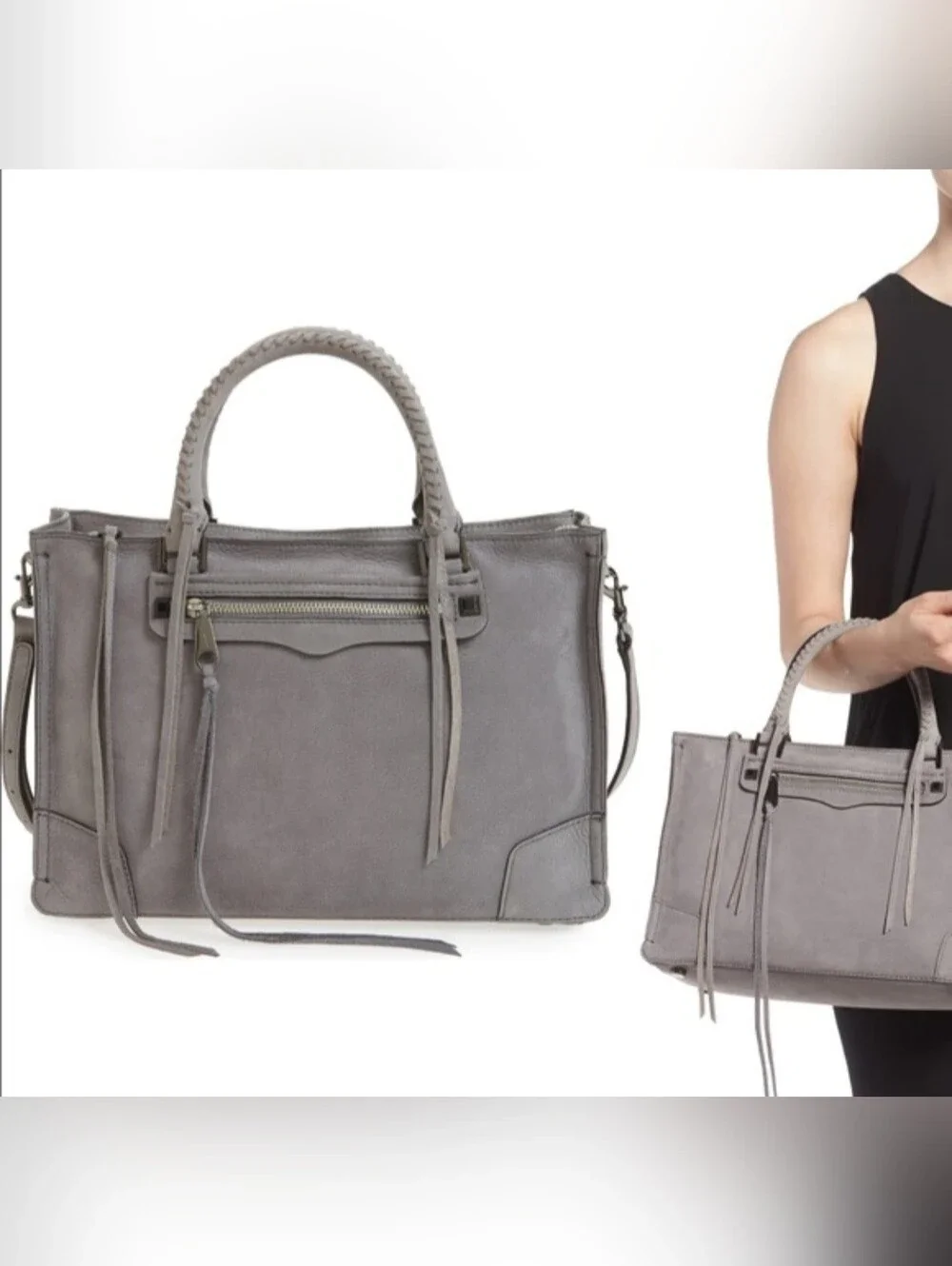 Rebecca Minkoff Regan 100% Genuine Pabbled Leather Bag Laptop Size Taupe Gray